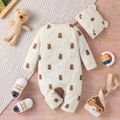 2pcs Baby Girl Allover Bear Print Long-sleeve Waffle Jumpsuit & Hat Set Apricot image 3