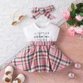 2pcs Baby Girl 95% Cotton Letter Print Sleeveless Spliced Plaid Dress & Headband Set Pink image 1