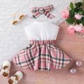 2pcs Baby Girl 95% Cotton Letter Print Sleeveless Spliced Plaid Dress & Headband Set Pink image 2