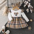 2pcs Baby Girl Heart Graphic Ribbed & Plaid Spliced Long-sleeve Dress and Headband Set White image 1