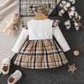 2pcs Baby Girl Heart Graphic Ribbed & Plaid Spliced Long-sleeve Dress and Headband Set White image 2