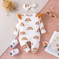 2pcs Baby Girl 95% Cotton Allover Rainbow Print Ruffle Trim Long-sleeve Jumpsuit & Headband Set OffWhite image 1
