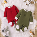 Baby Boy/Girl Cotton Ribbed Contrast Long-sleeve Jumpsuit Dark Green image 2