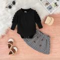 2pcs Baby Girl Leg-of-mutton Sleeve Ribbed Romper and Houndstooth Skirt Set Black image 2