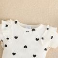 2pcs Baby Girl Allover Heart Print Cotton Ribbed Ruffled Romper and Bow Front Shorts Set OffWhite image 3