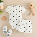 2pcs Baby Girl Allover Heart Print Cotton Ribbed Ruffled Romper and Bow Front Shorts Set OffWhite image 2