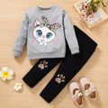 2-piece Toddler Girl Cat Print Pullover Sweatshirt and Leopard Print Pants Set Grey