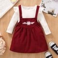 2-piece Toddler Girl Ruffled Long-sleeve White Ribbed Top and Floral Embroidered Suspender Skirt Set REDWHITE