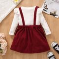 2-piece Toddler Girl Ruffled Long-sleeve White Ribbed Top and Floral Embroidered Suspender Skirt Set REDWHITE