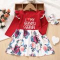 Toddler Girl Letter Floral Print Ruffled Long-sleeve Splice Dress Red
