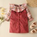 2-piece Toddler Girl Flounce Plaid Long-sleeve Top and Button Design Ribbed Overall Dress Set Red