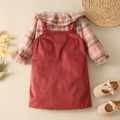 2-piece Toddler Girl Flounce Plaid Long-sleeve Top and Button Design Ribbed Overall Dress Set Red