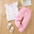 2-piece Toddler Girl Elephant Floral Print Ruffled Flutter-sleeve Tee and Bowknot Design Pink Ppaerbag Pants Set Pink