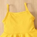 2pcs Baby Girl Pompon Design Solid Ribbed Spaghetti Strap Ruffle Top and Pants Set Yellow image 3