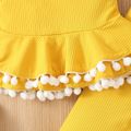 2pcs Baby Girl Pompon Design Solid Ribbed Spaghetti Strap Ruffle Top and Pants Set Yellow image 5