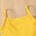 2pcs Baby Girl Pompon Design Solid Ribbed Spaghetti Strap Ruffle Top and Pants Set Yellow