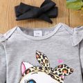 3pcs Baby Girl Cartoon Leopard Cat Print Long-sleeve Romper and Suspender Skirt with Headband Set Grey