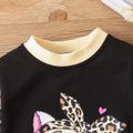 2pcs Toddler Girl Cat Leopard Print Pullover and Black Pants set Black
