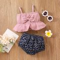100% Cotton 2pcs Baby Girl Crepe Spaghetti Strap Bowknot Ruffle Crop Top and Leopard Shorts Set Pink