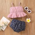 100% Cotton 2pcs Baby Girl Crepe Spaghetti Strap Bowknot Ruffle Crop Top and Leopard Shorts Set Pink