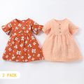 2-Pack Toddler Girl 100% Cotton Floral Print/Plaid Button Design Ruffled Short-sleeve Dress Yellow