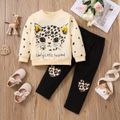 2pcs Toddler Girl Animal Leopard Print Pullover Sweatshirt and Heart Print Pants Set Black