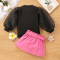 2pcs Toddler Girl Eye Print Mesh Design Long Puff-sleeve Black Tee and Belted Pink Skirt Set Hot Pink