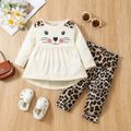 2pcs Baby Girl Cartoon Cat Print Long-sleeve Top and Leopard Pants Set OffWhite image 1
