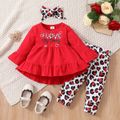 3pcs Baby Girl 95% Cotton Long-sleeve Letter Print Ruffle Hem Dress and Leopard Leggings with Headband Set Red image 1