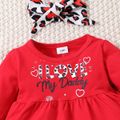 3pcs Baby Girl 95% Cotton Long-sleeve Letter Print Ruffle Hem Dress and Leopard Leggings with Headband Set Red image 4