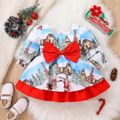 Christmas Baby Girl Allover Print Square Neck Puff-sleeve Bow Front Ruffle Hem Party Dress HS image 1