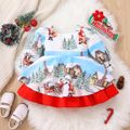 Christmas Baby Girl Allover Print Square Neck Puff-sleeve Bow Front Ruffle Hem Party Dress HS image 2