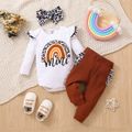 3pcs Baby Girl 95% Cotton Ruffle Long-sleeve Leopard Rainbow & Letter Print Romper and Rib Knit Pants with Headband Set White image 1