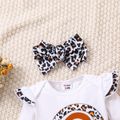 3pcs Baby Girl 95% Cotton Ruffle Long-sleeve Leopard Rainbow & Letter Print Romper and Rib Knit Pants with Headband Set White image 4