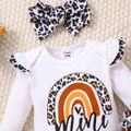 3pcs Baby Girl 95% Cotton Ruffle Long-sleeve Leopard Rainbow & Letter Print Romper and Rib Knit Pants with Headband Set White image 3