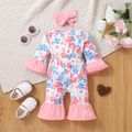2pcs Baby Girl Allover Floral Print Flare-sleeve Bell Bottom Jumpsuit with Headband Set Pink image 2