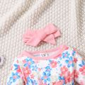2pcs Baby Girl Allover Floral Print Flare-sleeve Bell Bottom Jumpsuit with Headband Set Pink image 3