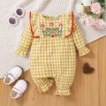 Baby Girl 100% Cotton Gingham Floral Embroidered Ruffle Trim Long-sleeve Jumpsuit Ginger image 1