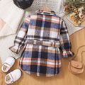 Toddler Girl Classic Plaid Lapel Collar Belted Coat Brown image 2
