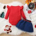 Christmas 2pcs Baby Girl 100% Cotton Ripped Denim Skirt and Deer Graphic Ruffle Long-sleeve Romper Set Red image 2