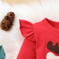 Christmas 2pcs Baby Girl 100% Cotton Ripped Denim Skirt and Deer Graphic Ruffle Long-sleeve Romper Set Red image 4