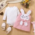 2pcs Baby Girl 95% Cotton Ribbed Long-sleeve Romper and Rabbit Design Corduroy Overall Dress Set PinkyWhite image 1