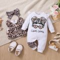 3pcs Baby Girl Cotton Ruffle Long-sleeve Graphic Jumpsuit and Leopard Fuzzy Vest with Headband Set OffWhite image 2