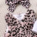3pcs Baby Girl Cotton Ruffle Long-sleeve Graphic Jumpsuit and Leopard Fuzzy Vest with Headband Set OffWhite image 5