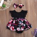 2pcs Baby Girl 95% Cotton Lace Flutter-sleeve Floral Print Romper with Headband Set Black image 1
