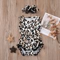 2pcs Leopard Print Pompon Decor Sleeveless Baby Set Black