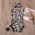 2pcs Leopard Print Pompon Decor Sleeveless Baby Set Black