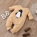 Penguin and Stripe Print Long-sleeve Baby Jumpsuit Yellow