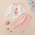 2pcs Sheep and Letter Print 3D Serration Decor Long-sleeve White T-shirt and Solid Pink Pants Baby Set Pink