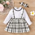 2pcs Baby Ribbed Frilly Collar Long-sleeve Splicing Faux-two Plaid Princess Dress Set White image 1